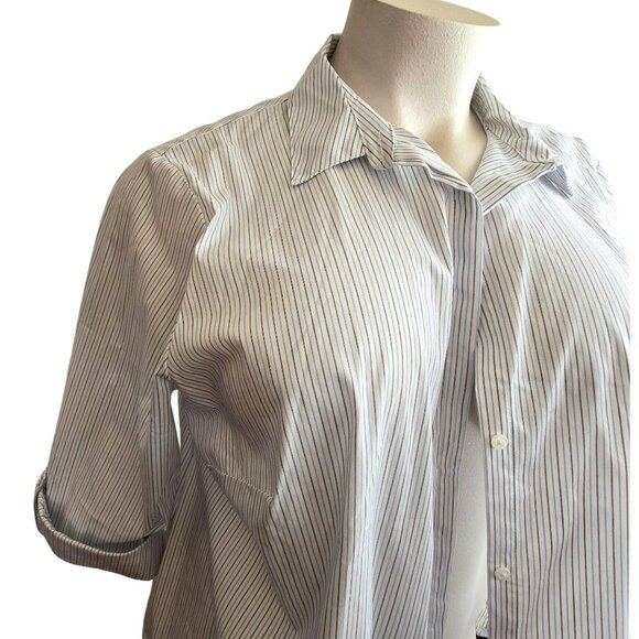 Womens Button-Up Collared Shirt White Blue & Black Pinstripes Size 3X JJ4040 - Picture 3 of 9